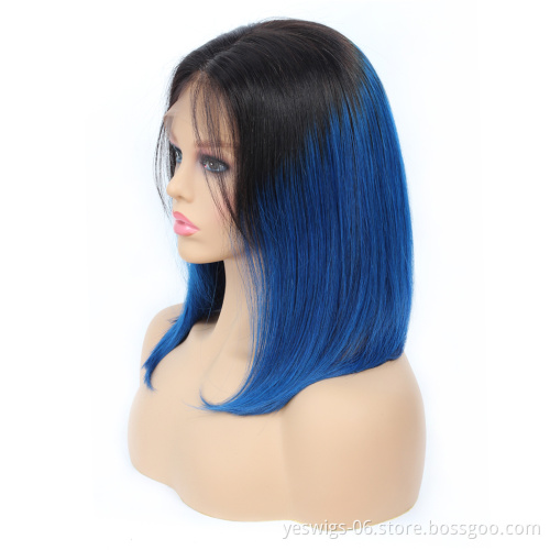 Yeswigs 1b-blue Short Bob Cut Wig Human Hair Lace Front Cuticle Aligned Remy Virgin Silky Straight 1b-blue Ombre Wig 8 Inch Bob